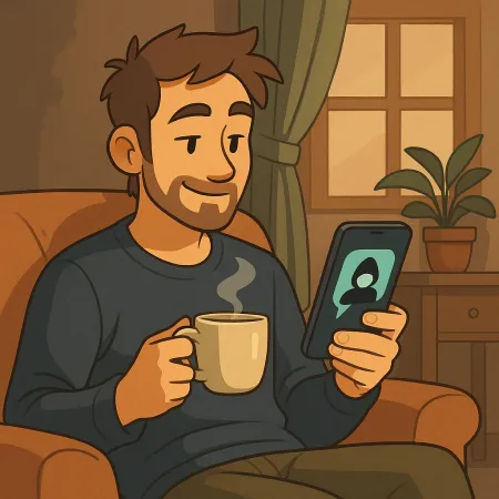 Een baardige man die comfortabel in een stoel zit, met een dampende kop koffie in de ene hand en een smartphone in de andere. Hij glimlacht terwijl hij naar het scherm kijkt, waar een anonieme schaduw verschijnt. De binnenomgeving is warm, met een plant, een gordijn en een raam op de achtergrond.