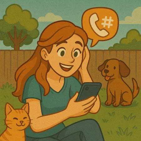 Roodharige vrouw die op het gras in een tuin zit, glimlachend terwijl ze naar haar smartphone kijkt. Een oranje kat ligt tegen haar aan en een bruine hond zit dichtbij. Een spraakballon met een telefoonicoon en een hashtag zweeft boven haar, wat een telefoongesprek suggereert.
