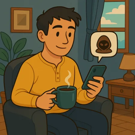 Man die comfortabel in een fauteuil zit, een dampende kop koffie vasthoudt en zijn smartphone bekijkt, met een berichtbubble die een anonieme masker- of hackericoon toont, in een gezellige woonkamer met raam, lamp en plant.