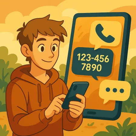 Jonge man met een glimlach in een hoodie die zijn smartphone gebruikt, met een groot telefoonscherm op de achtergrond dat een bel-icoon en een fictief telefoonnummer (123-456-7890) toont, in een stijlvol en warm buitendecor.