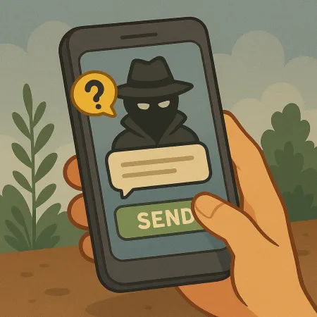 Hand die een smartphone vasthoudt met een gemaskerd personage in een regenjas en hoed, dat een anonieme afzender vertegenwoordigt. Een spraakballon met een vraagteken is zichtbaar, evenals een groene knop met de tekst 'VERSTUREN', wat de verzending van een anoniem bericht suggereert.