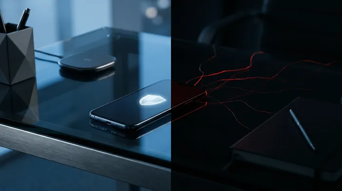 Close-up van het gezicht van een persoon dat wordt gescand door een digitaal gezichtsherkenningssysteem op een smartphone.