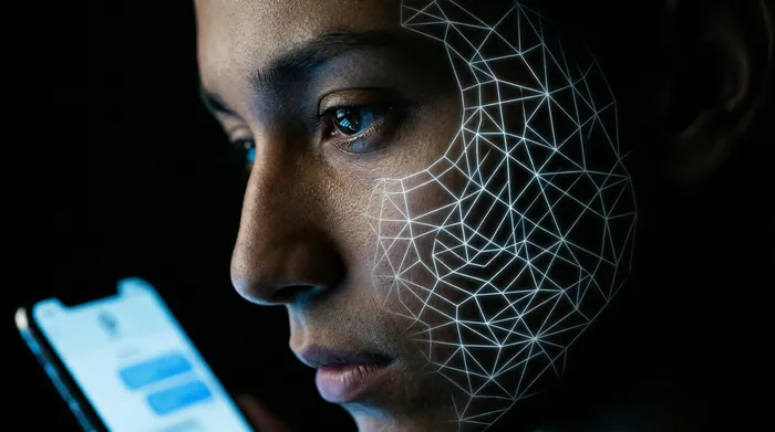 Een hand die een smartphone vasthoudt waarop een hangsloticoon te zien is op een berichteninterface, omringd door een netwerk van oplichtende digitale verbindingen tegen een zwarte achtergrond, ter illustratie van de beveiliging van mobiele gegevens.