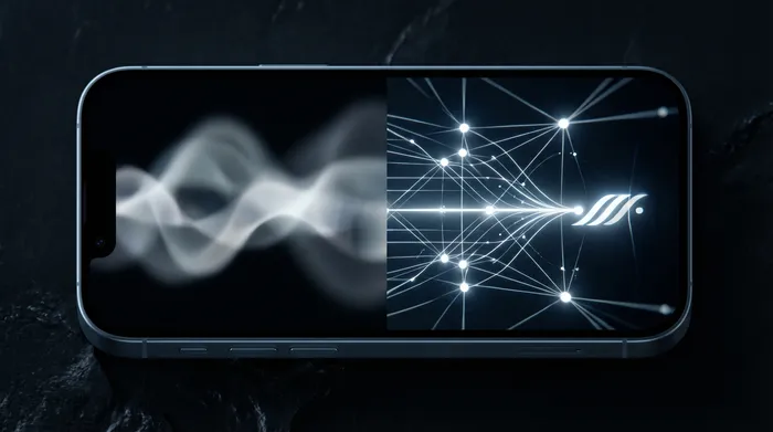 Een man in een pak die een holografische digitale interface met netwerkgegevens en IP-adressen bedient, die boven een smartphone wordt weergegeven.