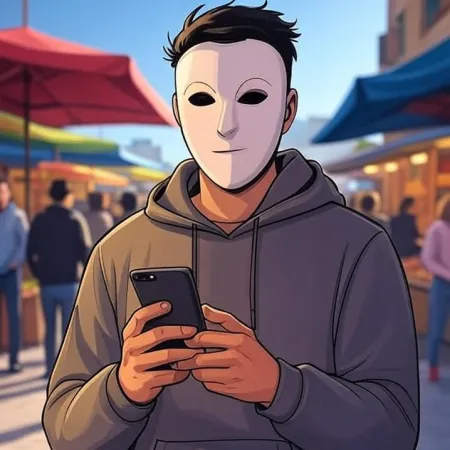 Een jonge man in een animatiestijl met een wit masker en een grijze hoodie, kijkt naar zijn telefoon op een openluchtmarkt.