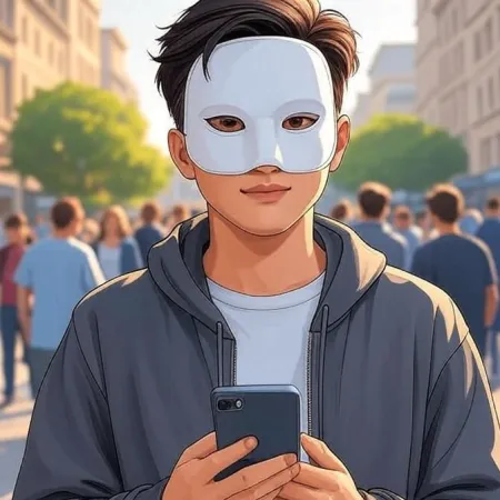 Een jonge man in een anime-stijl met een wit masker en een grijze hoodie kijkt naar de camera terwijl hij een smartphone vasthoudt in een drukke straat.