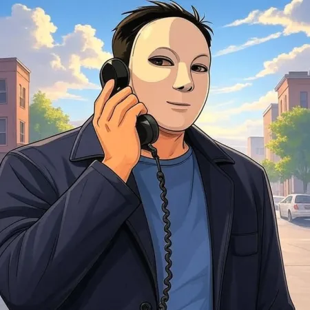 Een man met een witte masker, een donkere jas en een blauwe t-shirt, spreekt in de hoorn van een oude zwarte telefoon, met een straat van de stad op de achtergrond.
