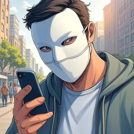 Een man in een witte masker en een hoodie kijkt naar zijn mobiele telefoon op een straat in de stad. De afbeelding is uitgevoerd in een cartoon- of stripstijl.