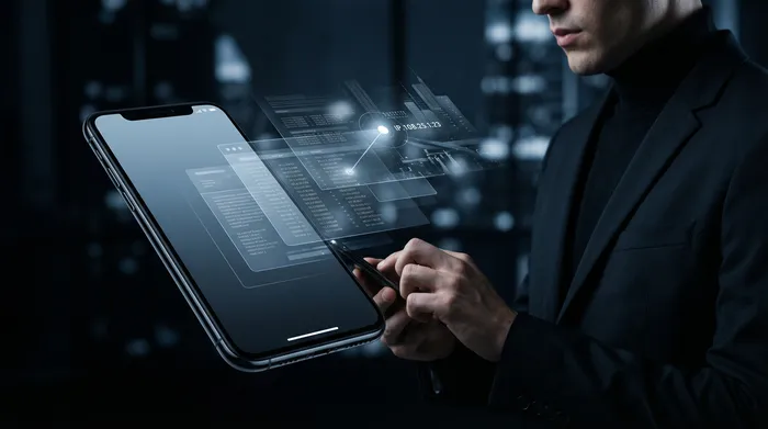 Twee smartphones naast elkaar op een tafel, verbonden door een lichtgevend digitaal netwerk dat de gegevensoverdracht tussen apparaten symboliseert.