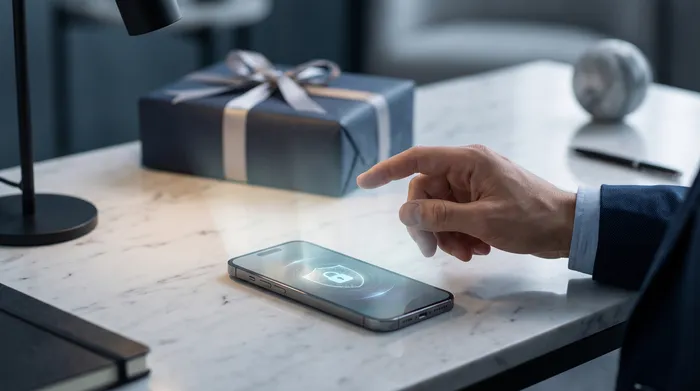 Een hand die een smartphone vasthoudt waarop een berichteninterface wordt getoond met technologische grafische elementen als overlay, inclusief een hangslot, circuits en een telefoonnummer, wat mobiele beveiliging en digitale communicatie illustreert.