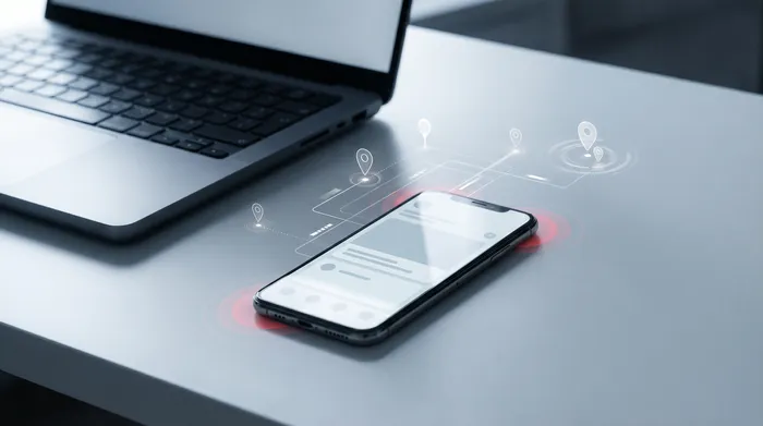 De hand van een man in een pak die interageert met een smartphone op een bureau, waarop een digitaal hangsloticoon wordt getoond dat cyberbeveiliging symboliseert.