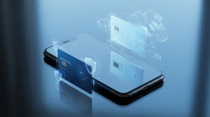 Een hand die een smartphone vasthoudt waarop een moderne holografische berichteninterface met tekstballonnen en beveiligingsiconen wordt getoond.