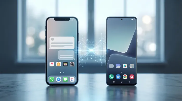 Een smartphone met digitale simkaarten als hologram, wat databeveiliging en cloudopslag symboliseert.