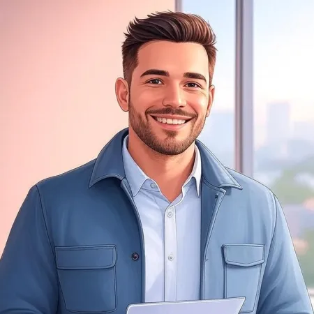 Een jonge man met een glimlach in een casual professionele outfit in een kantoor.