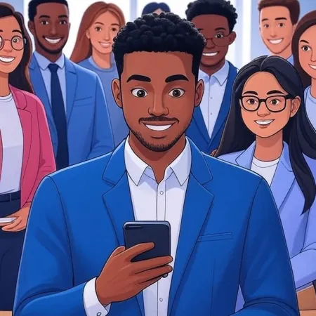Illustratie van een glimlachende jonge zwarte zakenman die naar zijn smartphone kijkt, met zijn team op de achtergrond.