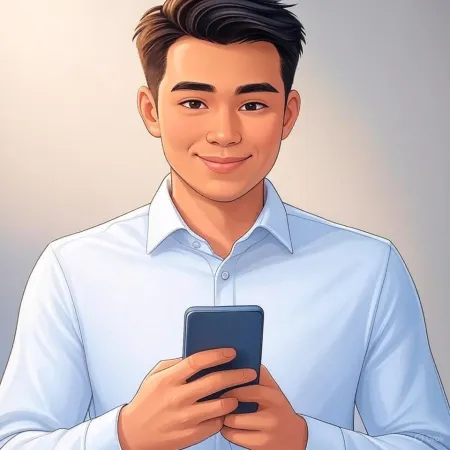 Illustratie van een glimlachende zakenman in een blauwe kostuum die een smartphone vasthoudt.