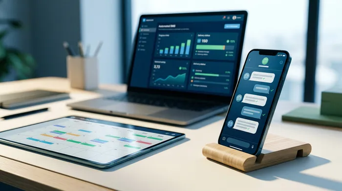 Een in tweeën gedeelde afbeelding die een smartphone toont: links een berichteninterface met een optie om verzending te plannen, en rechts een herinneringsnotificatie op een houten bureau.