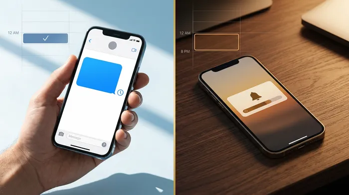 Een smartphone met een berichtenapp, liggend op een licht houten toonbank in een kapsalon, met professionele scharen en schoonheidsproducten op de achtergrond.