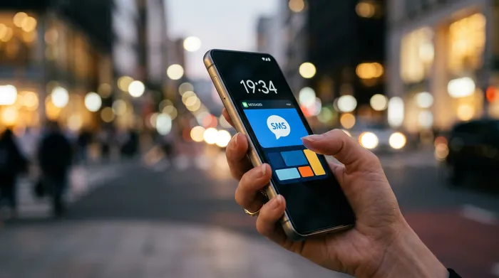 Een persoon die een smartphone vasthoudt met daarop een berichtenapp, zittend aan een bureau met een laptop, een notitieboekje en een kop koffie.