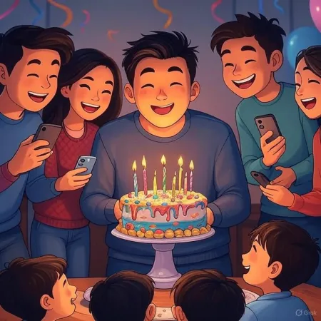 Illustratie van een verjaardag waarbij een glimlachende man een taart met brandende kaarsen vasthoudt, omringd door vrienden en dierbaren die foto's maken met hun telefoons.