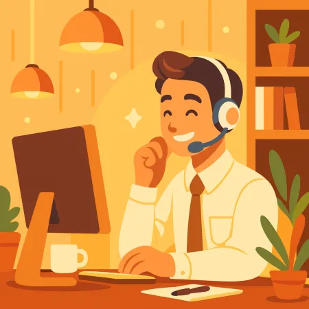 Illustratie van een glimlachende man met een hoofdtelefoon die aan een desktopcomputer werkt in een warme en comfortabele omgeving met planten en een kopje koffie