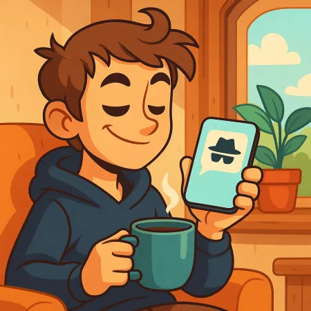 Illustratie van een jonge man die glimlacht, comfortabel zit met een kop koffie, een smartphone vasthoudt met een pictogram van een anonieme boodschap met een hoed en zonnebril