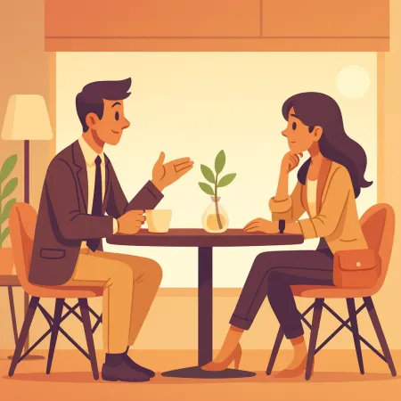 Illustratie van twee personen die face-to-face in een café praten, een man in een pak en een vrouw in casual chique kleding, zittend aan een tafel met een kleine plant in het midden
